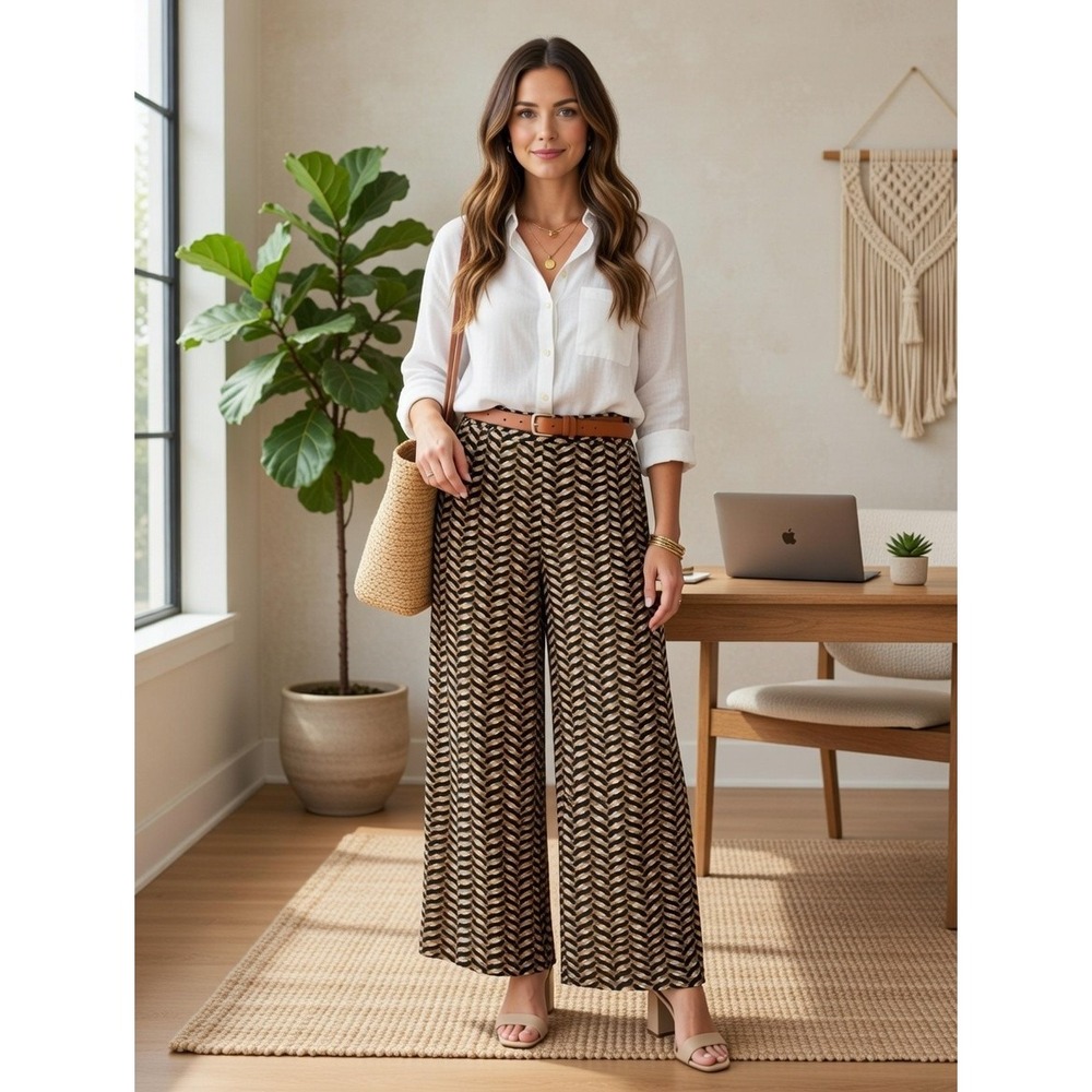 Who‎ What Wear Pants Womens 2 Brown Geometric Print Wide Leg Pleated Lightweight